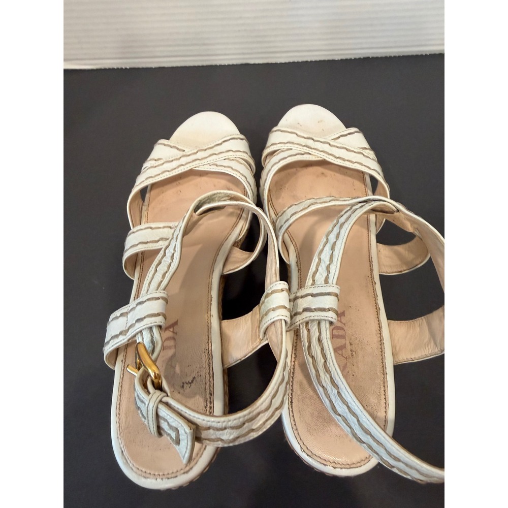 Prada White Whipstitch Leather Espadrille Platform Wedge Sandals Sz 7.5 - Picture 6 of 9